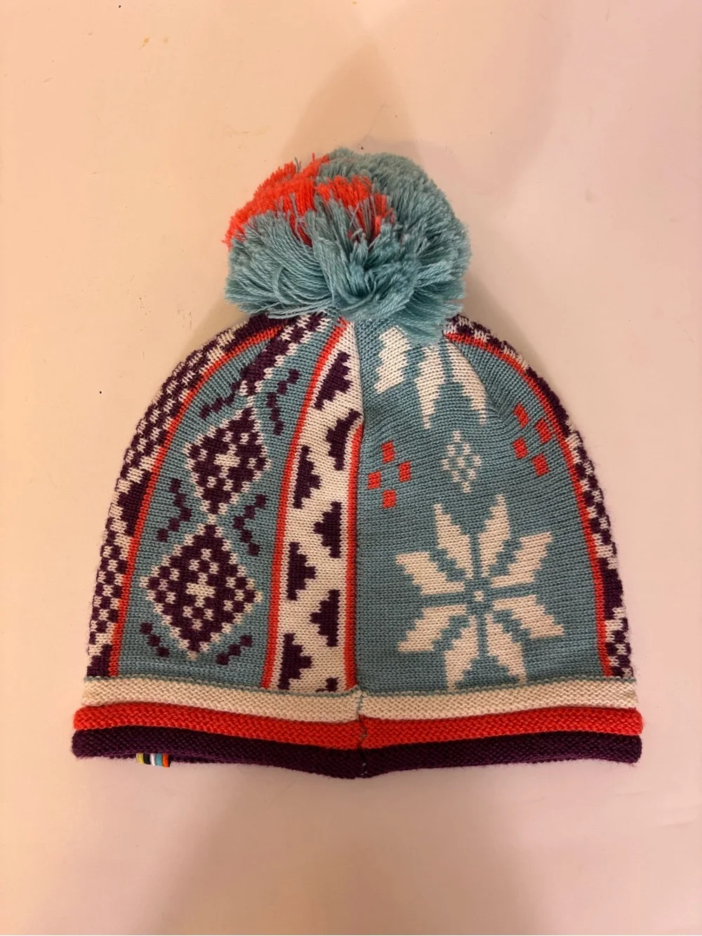 Smartwool 100% Wool Snowflake Print Pom Beanie in Aqua, Coral & Purple